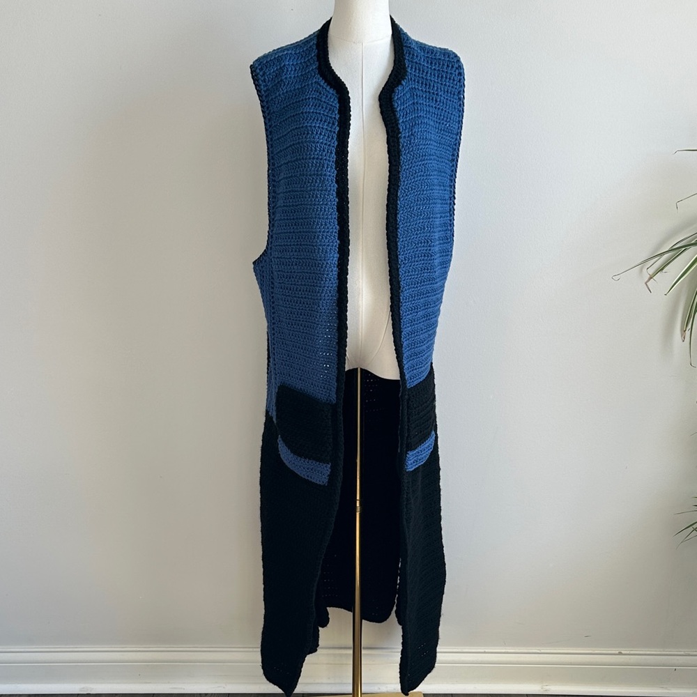 Handmade Two Tone Sleeveless Crochet Knit Duster‎ Sweater Vest Boho Granny OS